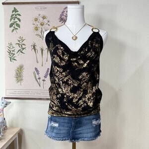 Vintage 90s Y2k Gold Chain Cowl Neck Halter Top Sexy Trashy McBling Bimbo S